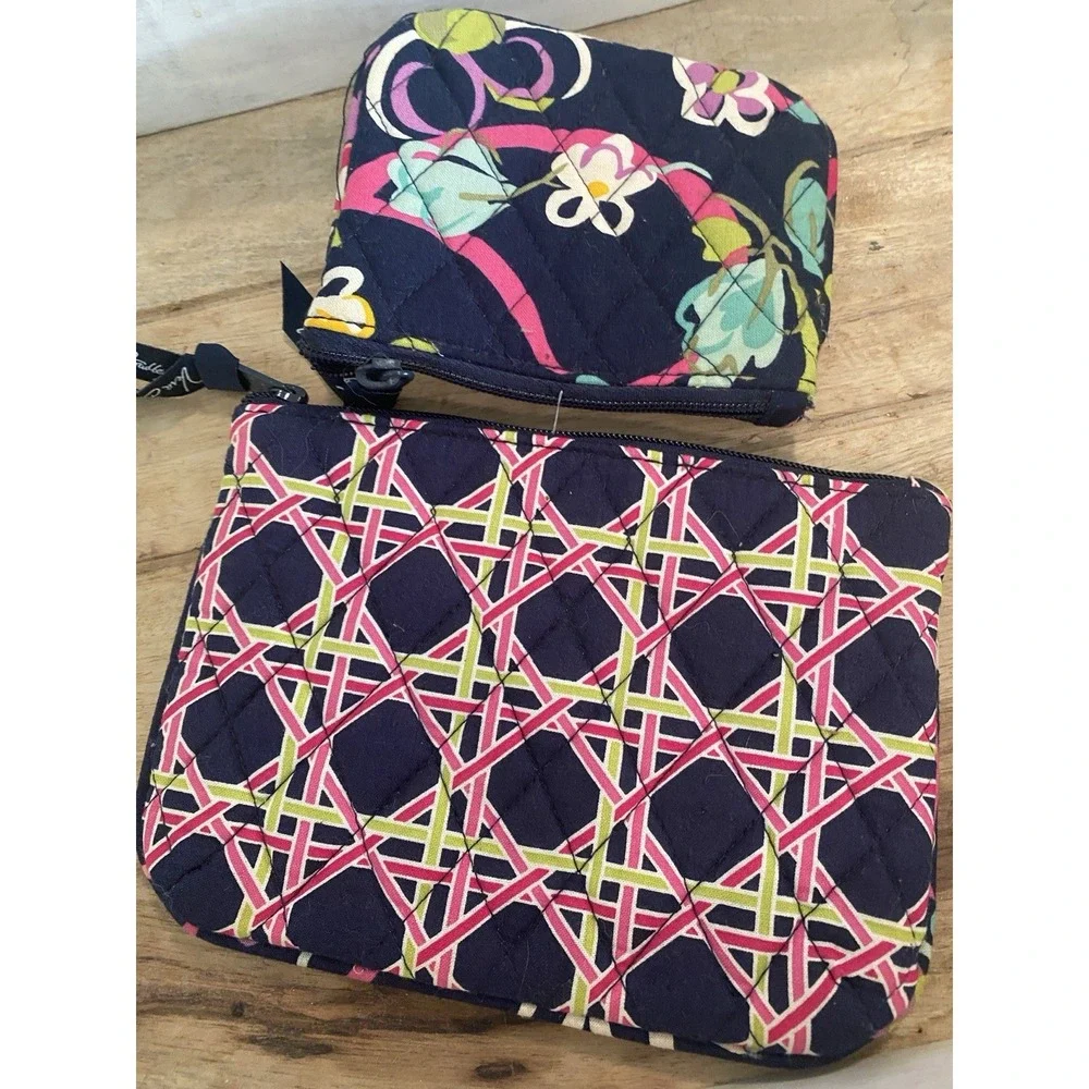 New Vera Bradley Plaid Quilted Cosmetic Duo Navy Pink Blue Geometric & Floral